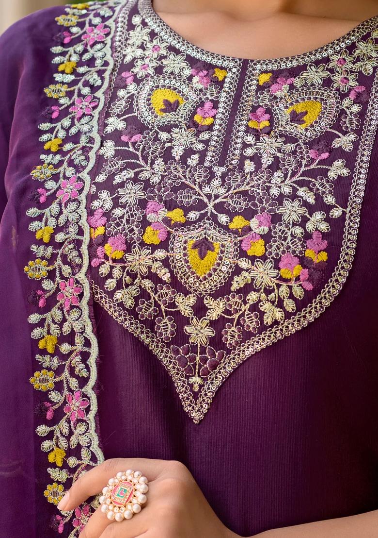 Purple Embroidered Viscose Kurta Set - Indya