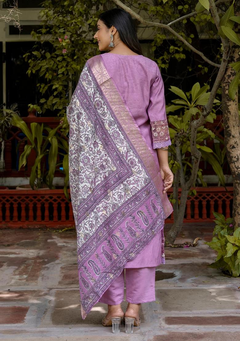 Lavender Embroidered Silk Blend Kurta Set - Indya