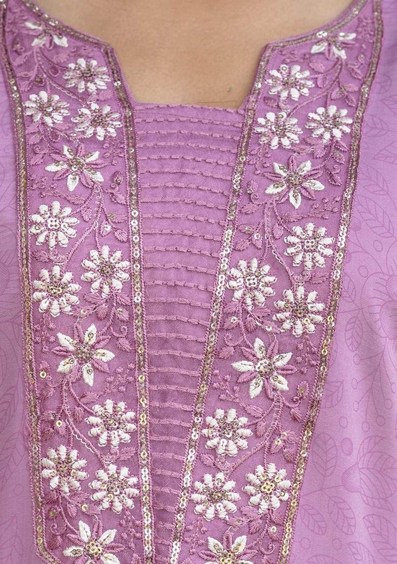 Lavender Embroidered Silk Blend Kurta Set - Indya