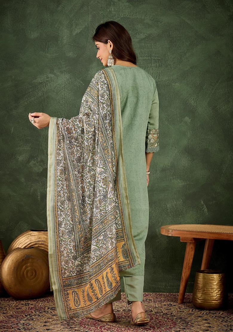 Green Embroidered Silk Blend Kurta Set - Indya