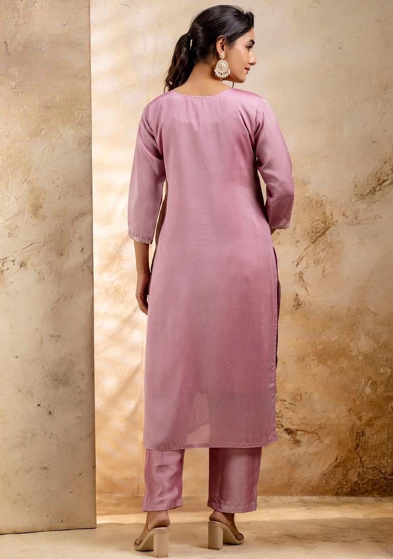 Lavender Embroidered Silk Blend Kurta Set - Indya