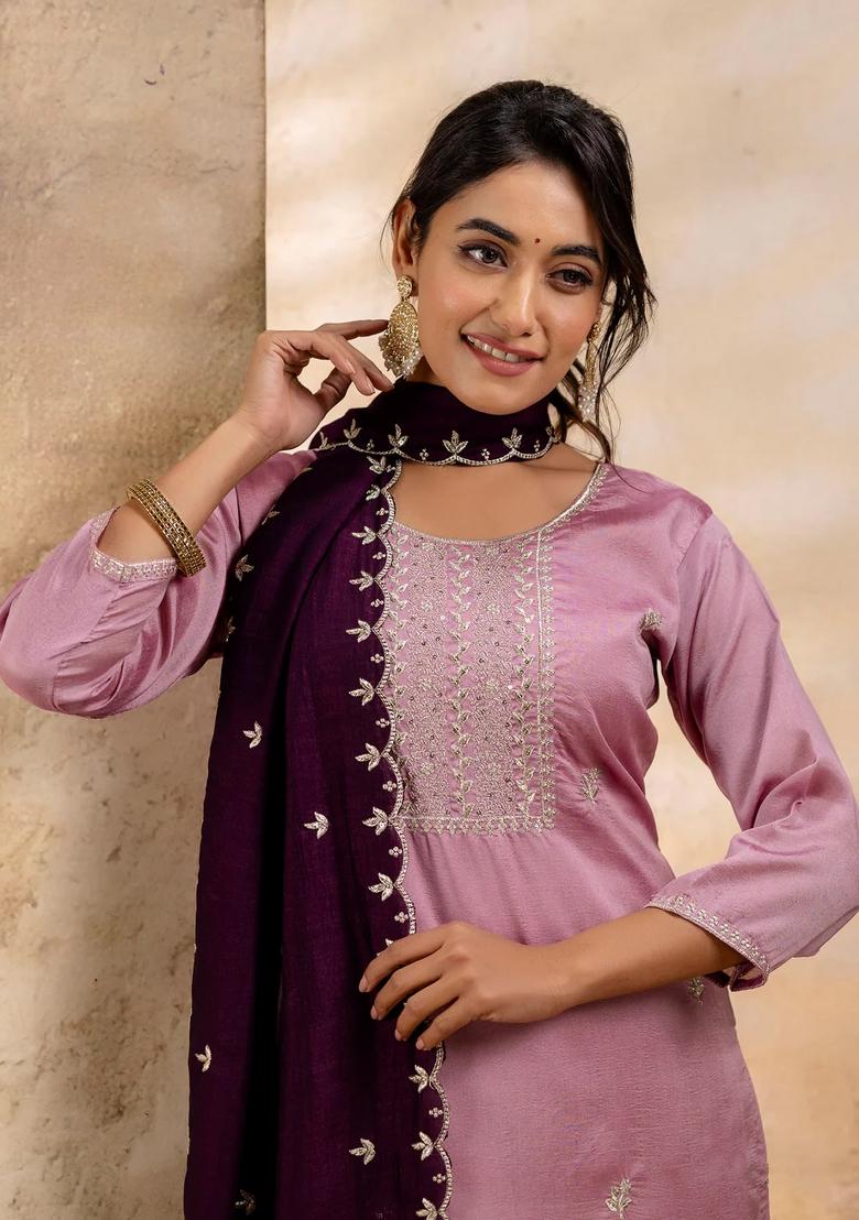 Lavender Embroidered Silk Blend Kurta Set - Indya
