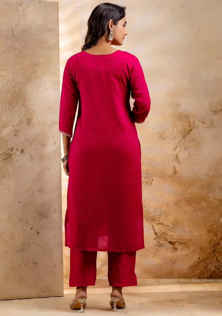 Pink Embroidered Silk Blend Kurta Set - Indya