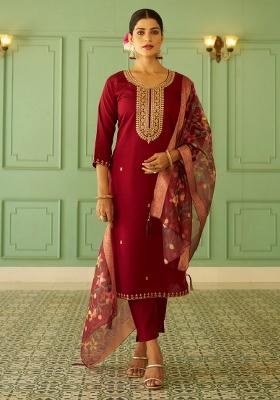 Maroon Embroidered Silk Blend Kurta Set