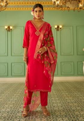 Pink Embroidered Silk Blend Kurta Set