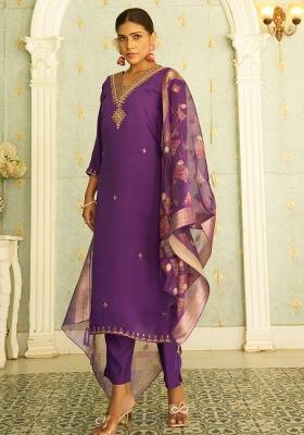 Purple Embroidered Silk Blend Kurta Set