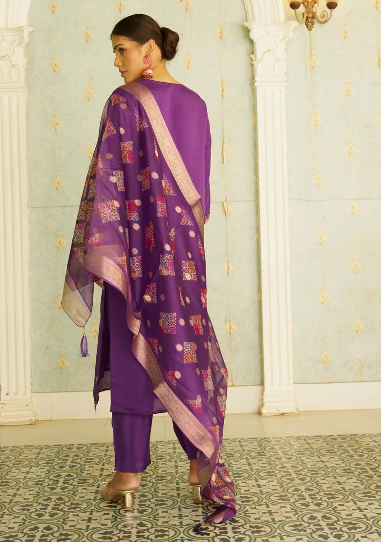 Purple Embroidered Silk Blend Kurta Set - Indya