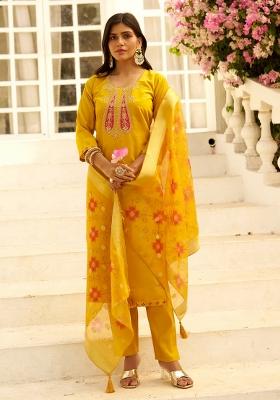 Yellow Embroidered Silk Blend Kurta Set