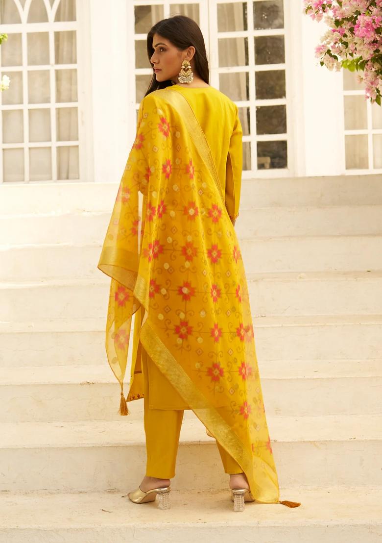 Yellow Embroidered Silk Blend Kurta Set - Indya