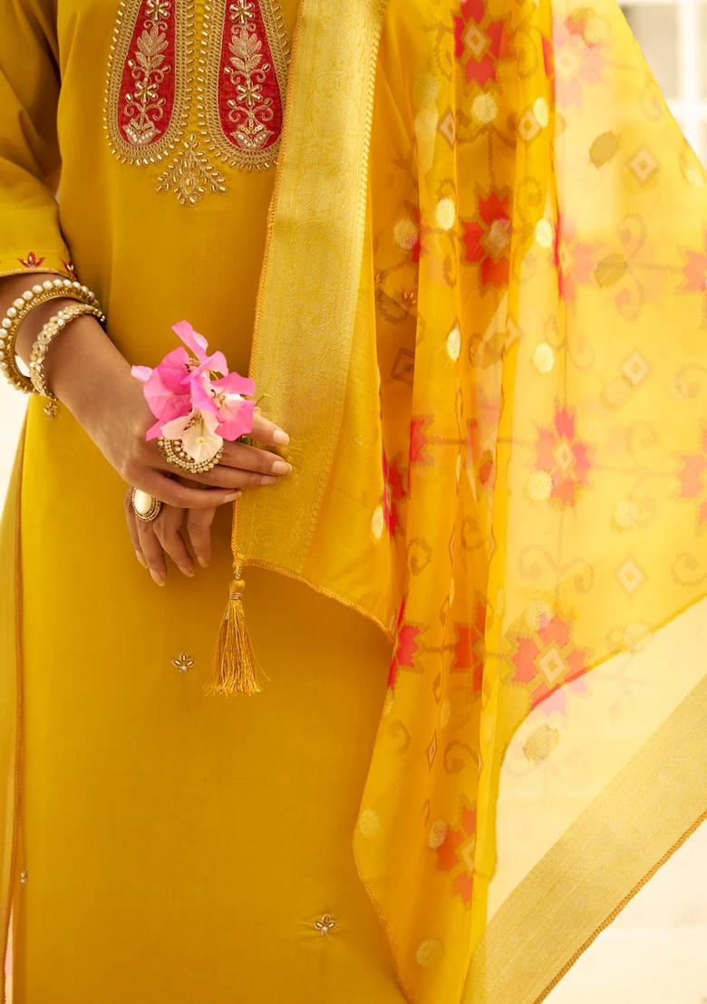 Yellow Embroidered Silk Blend Kurta Set - Indya