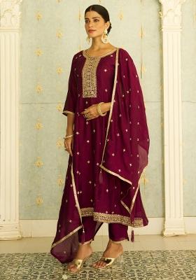 Maroon Embroidered Silk Blend Kurta Set