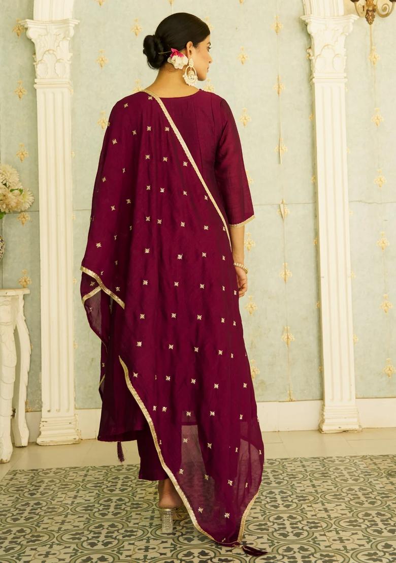 Maroon Embroidered Silk Blend Kurta Set - Indya