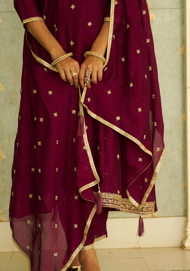 Maroon Embroidered Silk Blend Kurta Set - Indya