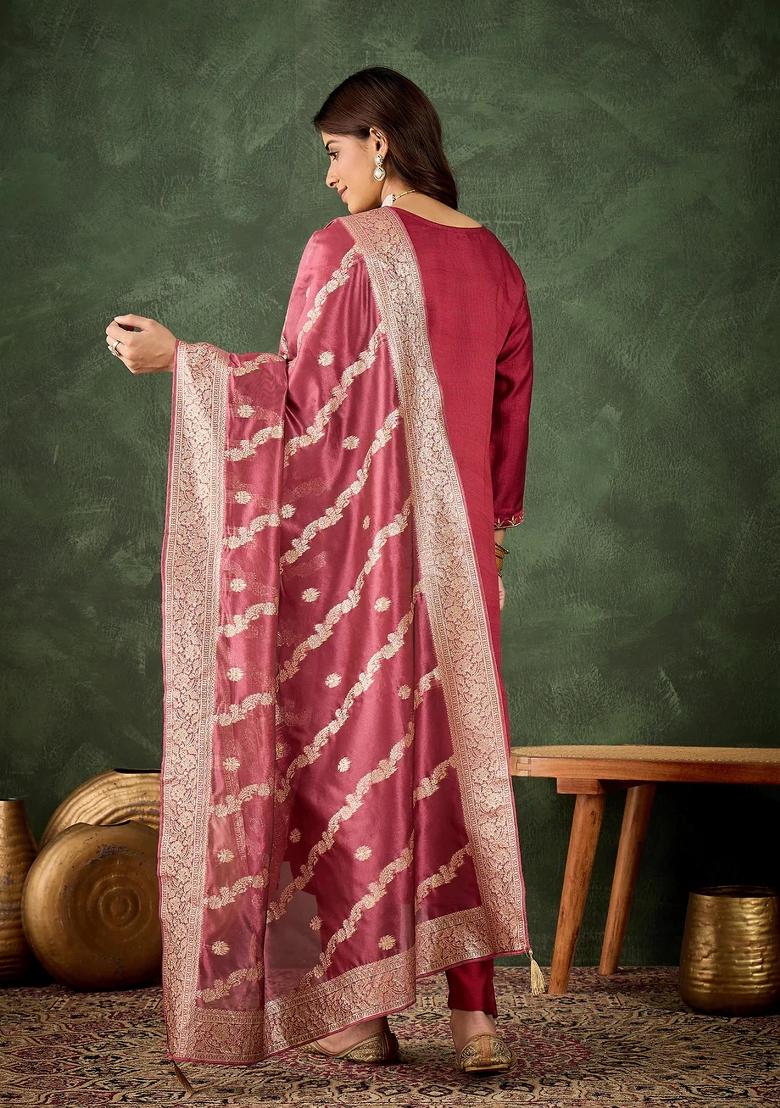 Pink Embroidered Viscose Kurta Set - Indya