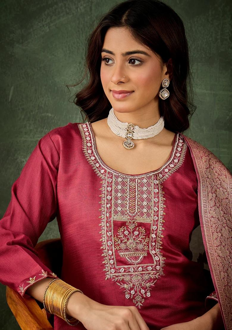 Pink Embroidered Viscose Kurta Set - Indya