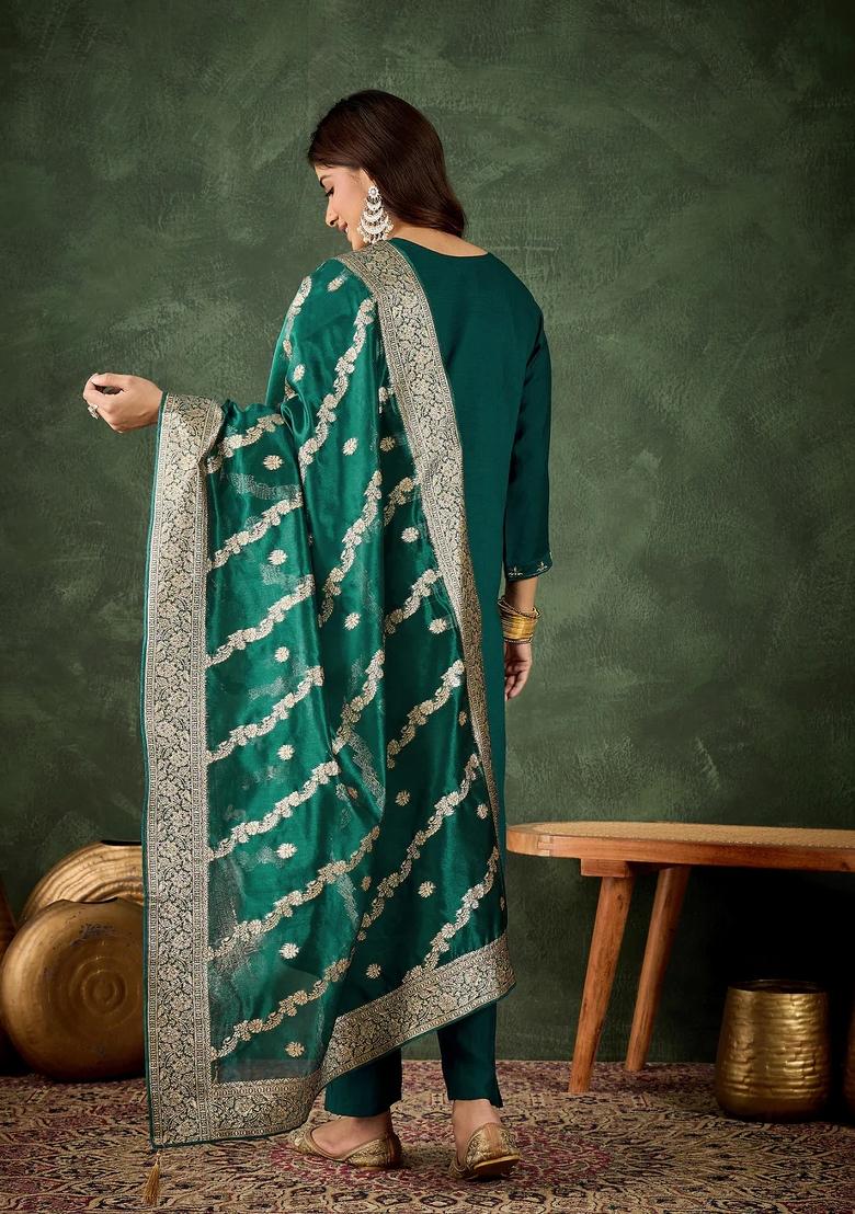 Green Embroidered Viscose Kurta Set - Indya