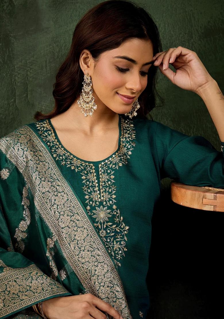 Green Embroidered Viscose Kurta Set - Indya