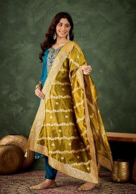 Teal Blue Embroidered Viscose Kurta Set