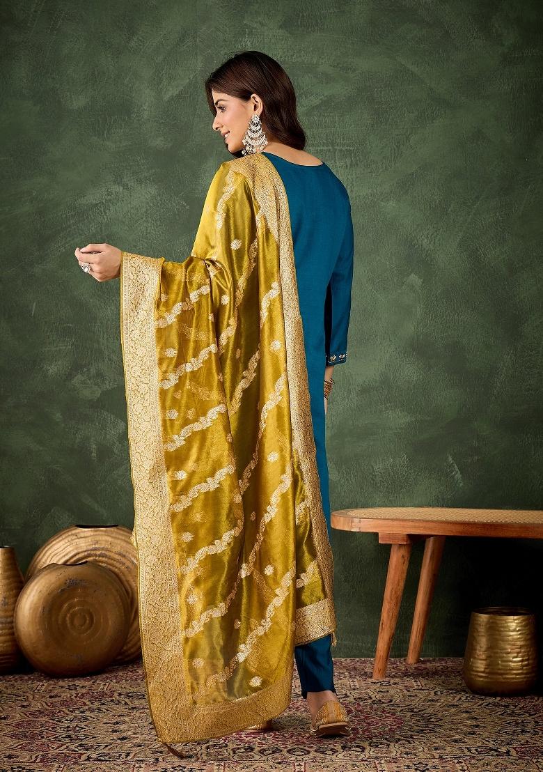 Teal Blue Embroidered Viscose Kurta Set - Indya