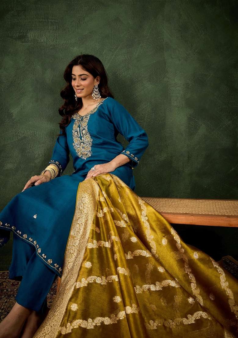 Teal Blue Embroidered Viscose Kurta Set - Indya