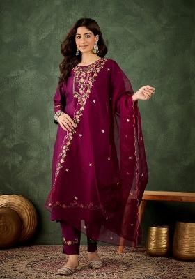 Purple Embroidered Silk Blend Kurta Set