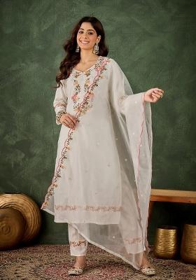 White Embroidered Silk Blend Kurta Set