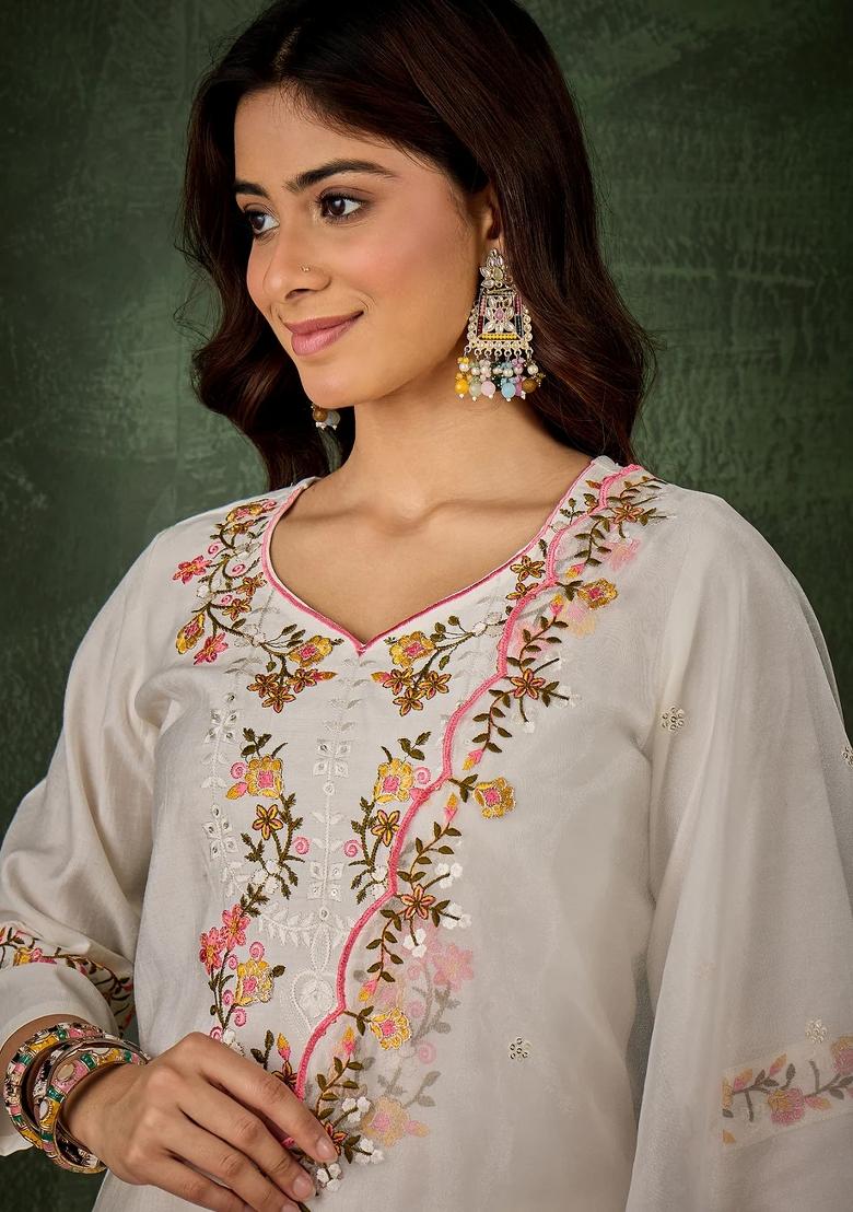 White Embroidered Silk Blend Kurta Set - Indya