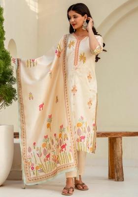 Cream Embroidered Silk Blend Kurta Set