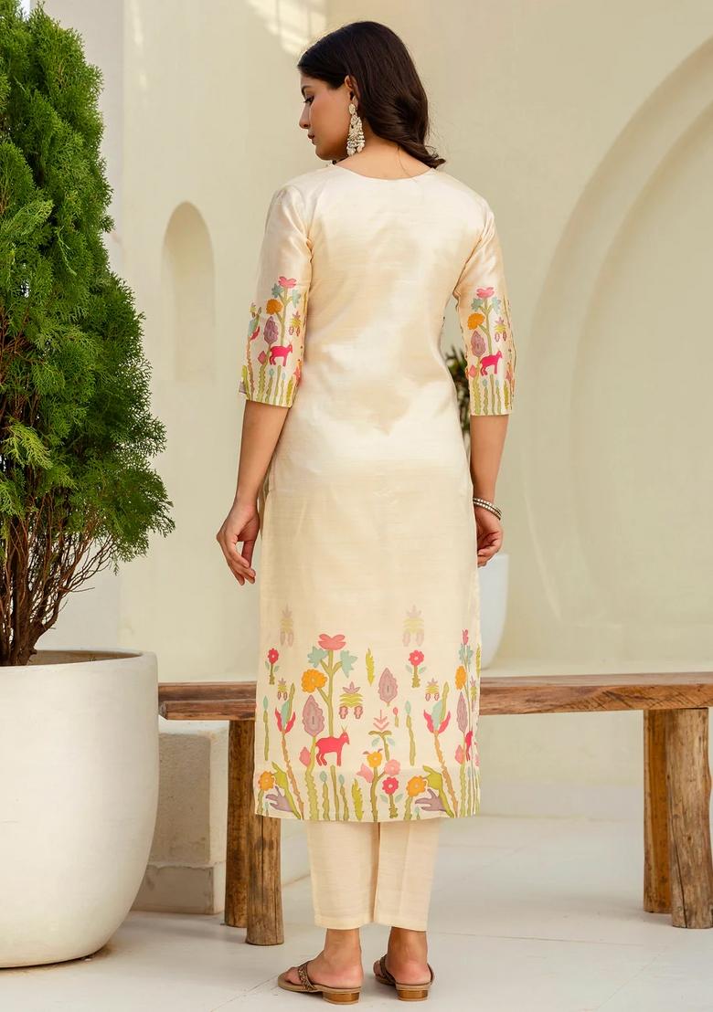 Cream Embroidered Silk Blend Kurta Set - Indya