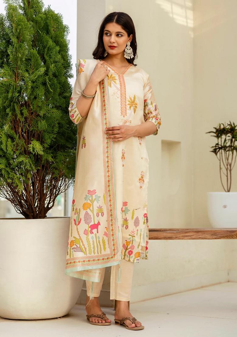 Cream Embroidered Silk Blend Kurta Set - Indya