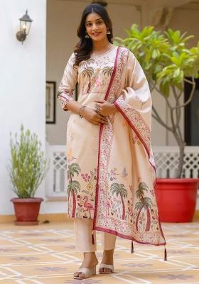 Cream Embroidered Silk Blend Kurta Set