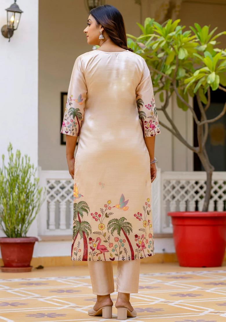 Cream Embroidered Silk Blend Kurta Set - Indya