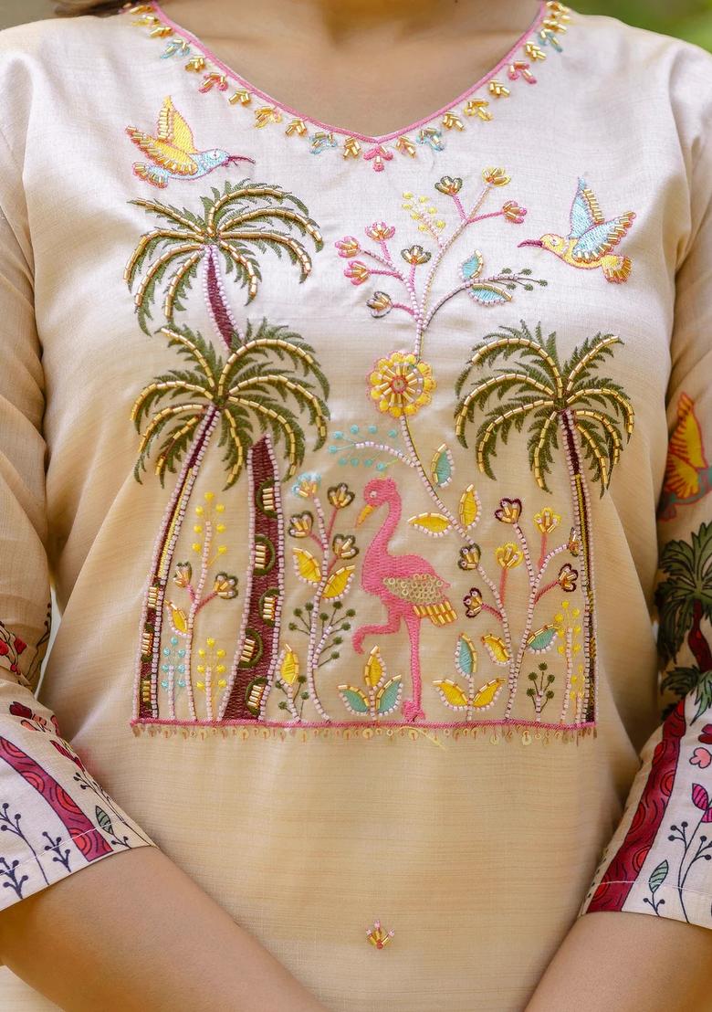 Cream Embroidered Silk Blend Kurta Set - Indya