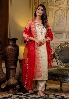 Beige Embroidered Silk Blend Kurta Set