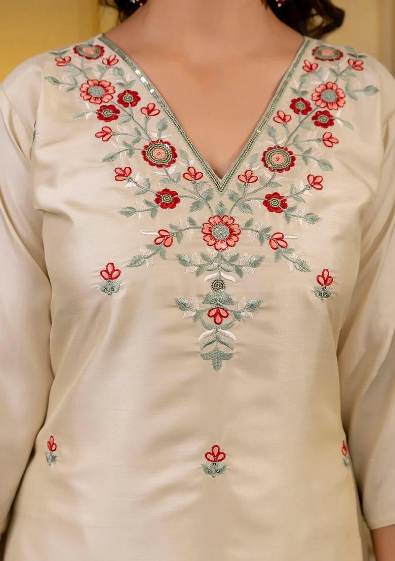 Beige Embroidered Silk Blend Kurta Set - Indya