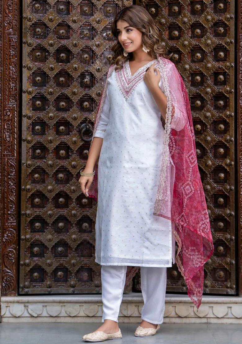 White Embroidered Silk Blend Kurta Set - Indya