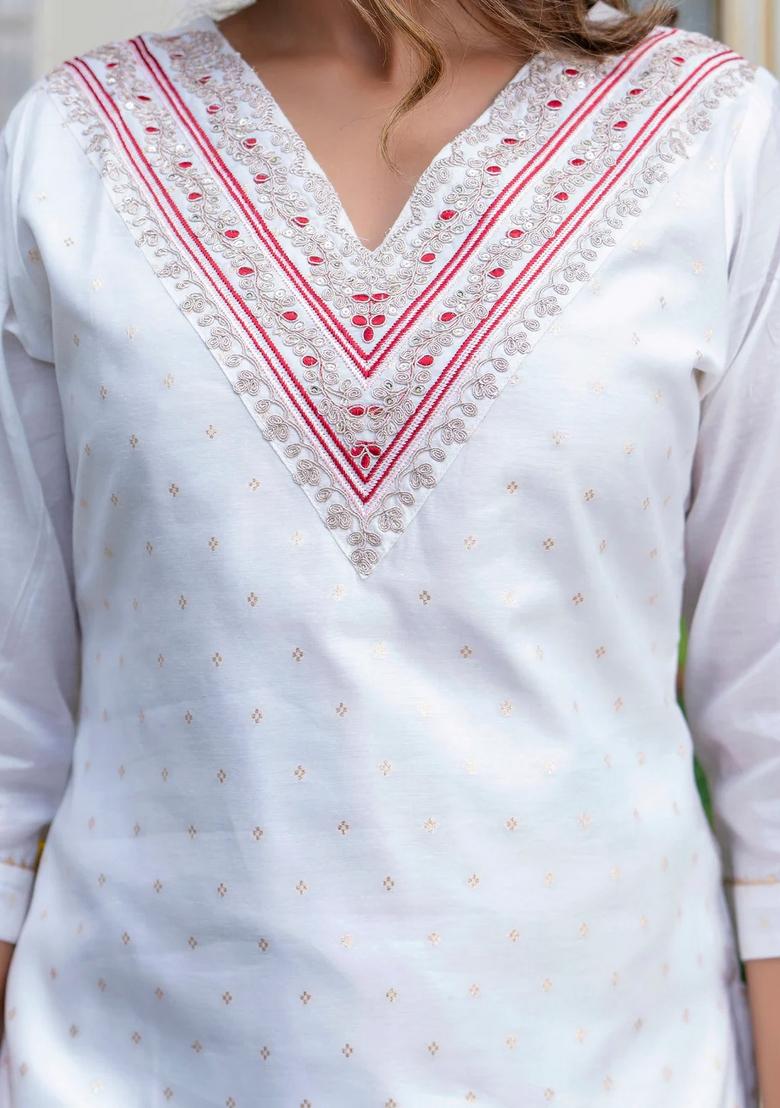 White Embroidered Silk Blend Kurta Set - Indya