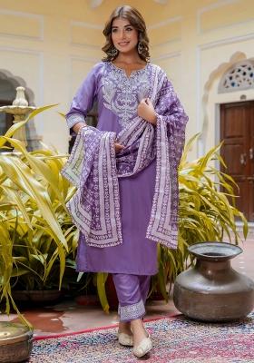 Purple Embroidered Silk Blend Kurta Set