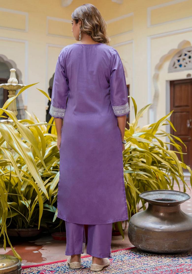 Purple Embroidered Silk Blend Kurta Set - Indya