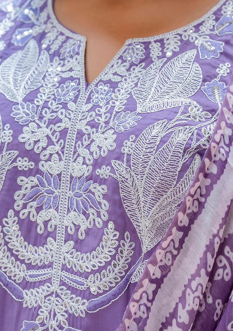 Purple Embroidered Silk Blend Kurta Set - Indya