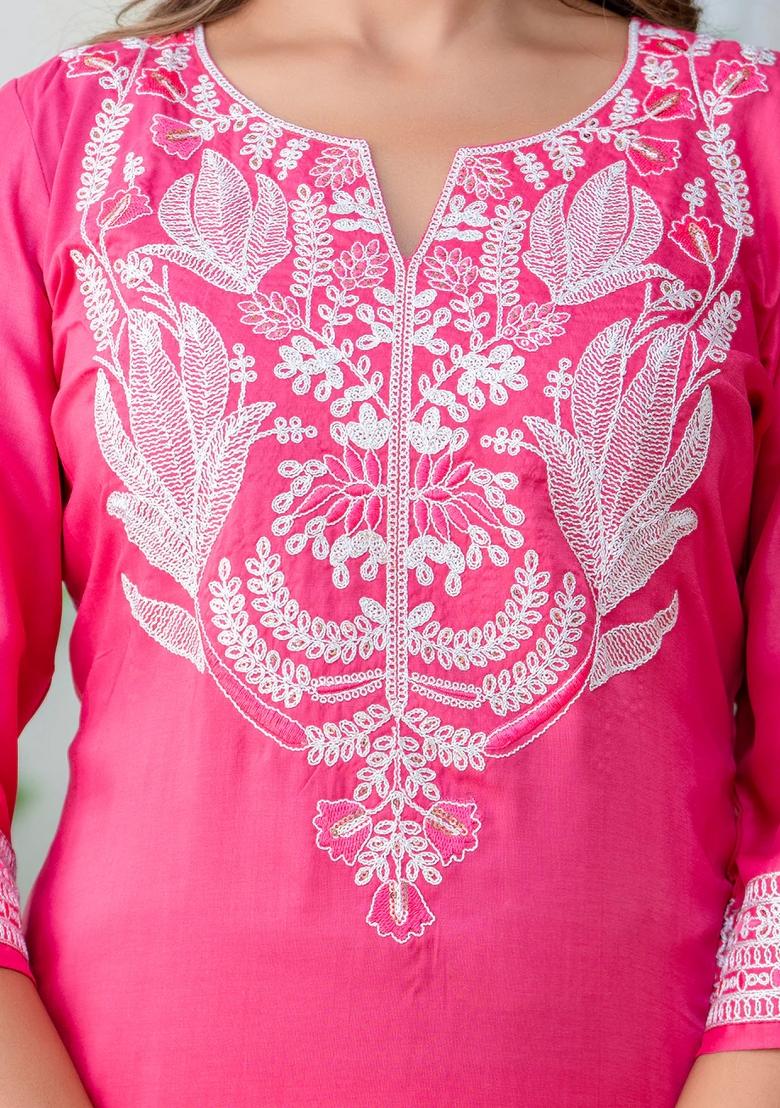 Pink Embroidered Silk Blend Kurta Set - Indya