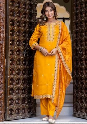 Yellow Embroidered Silk Blend Kurta Set