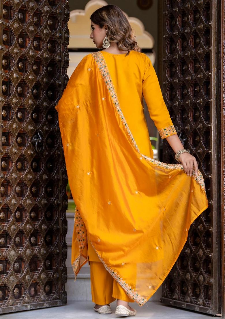 Yellow Embroidered Silk Blend Kurta Set - Indya