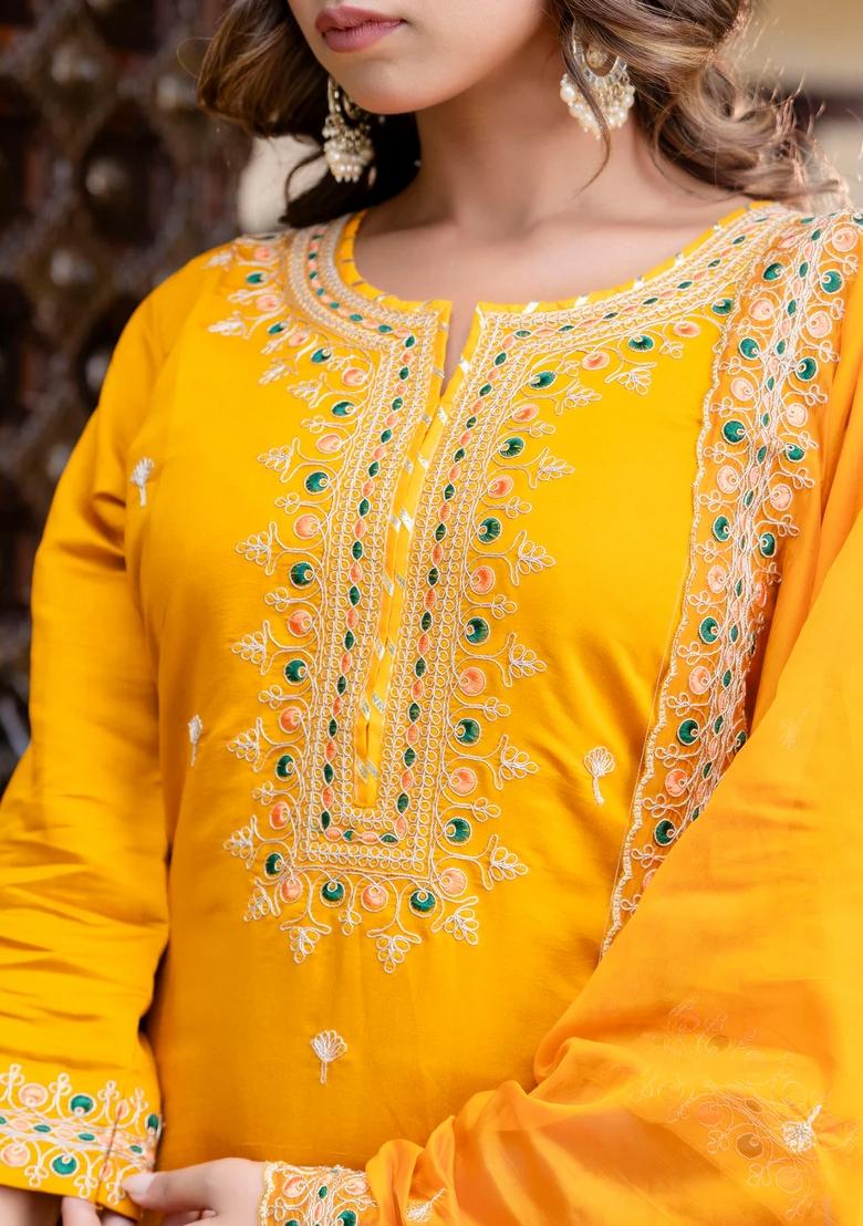 Yellow Embroidered Silk Blend Kurta Set - Indya