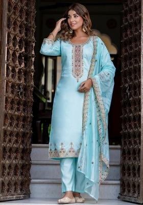 Blue Embroidered Silk Blend Kurta Set