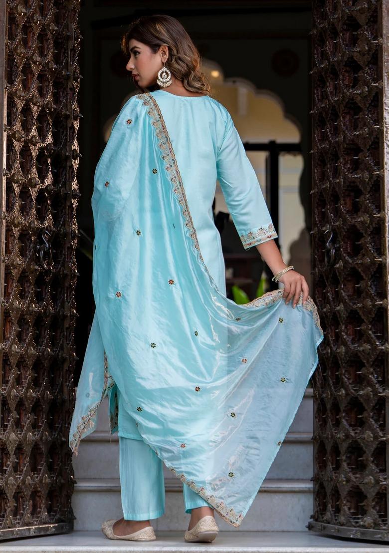 Blue Embroidered Silk Blend Kurta Set - Indya