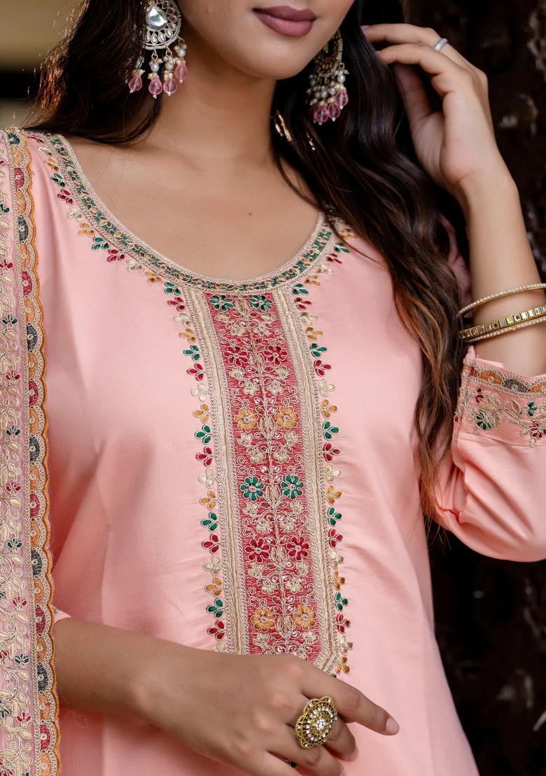 Pink Embroidered Silk Blend Kurta Set - Indya