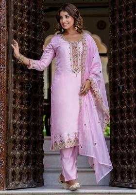Purple Embroidered Silk Blend Kurta Set