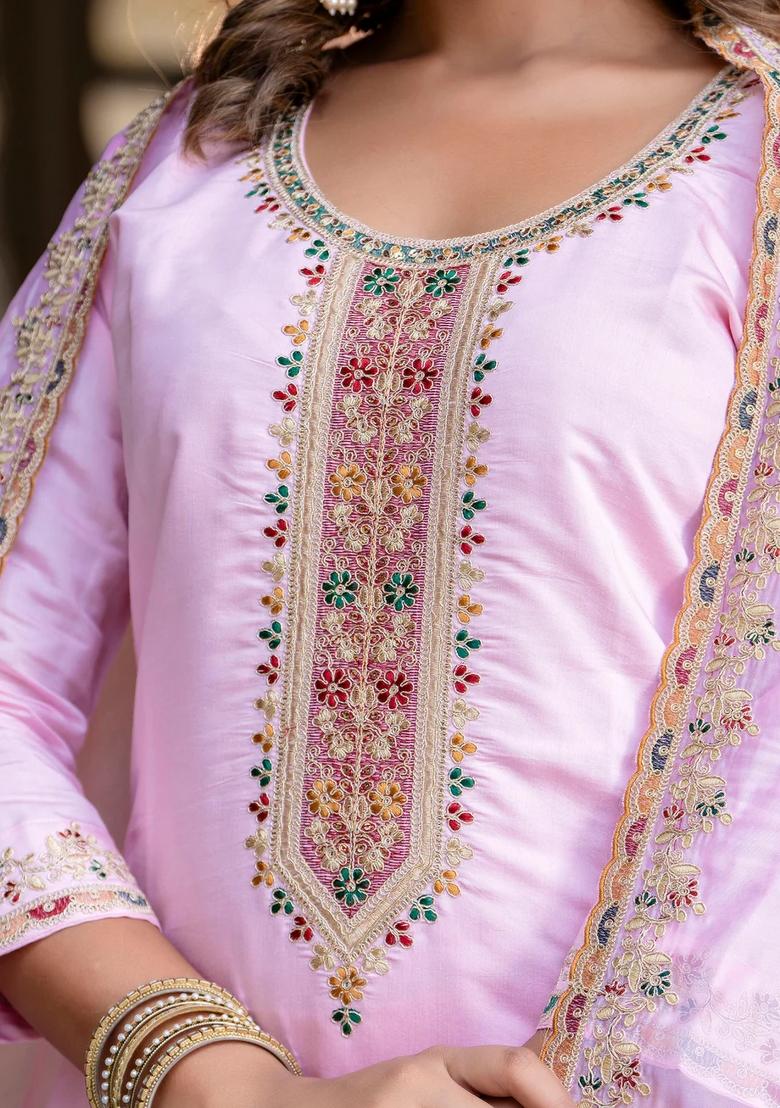Purple Embroidered Silk Blend Kurta Set - Indya