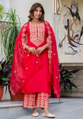 Red Embroidered Silk Blend Kurta Set